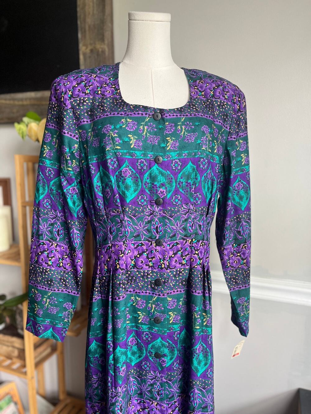 Vintage 80s Floral Maxi Dress Button Front Purple Teal Rayon Size Large